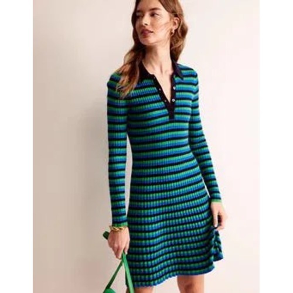 Boden Blue Green Striped Ribbed Knit Polo Dress Long Sleeve Wool Cashmere 6L NEW